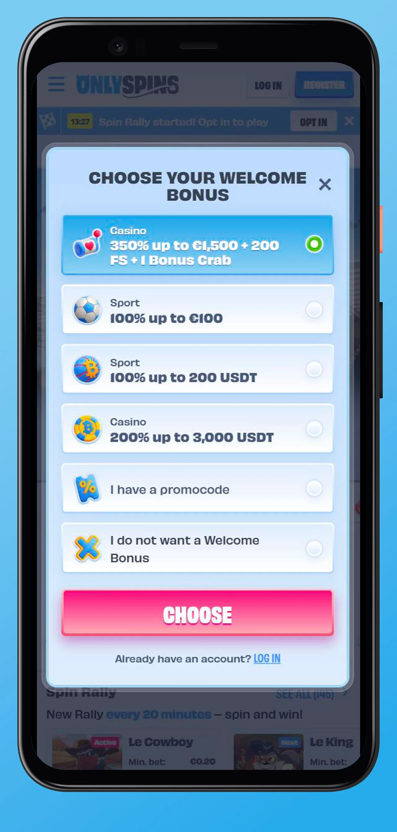 app sign up choose welcome bonus